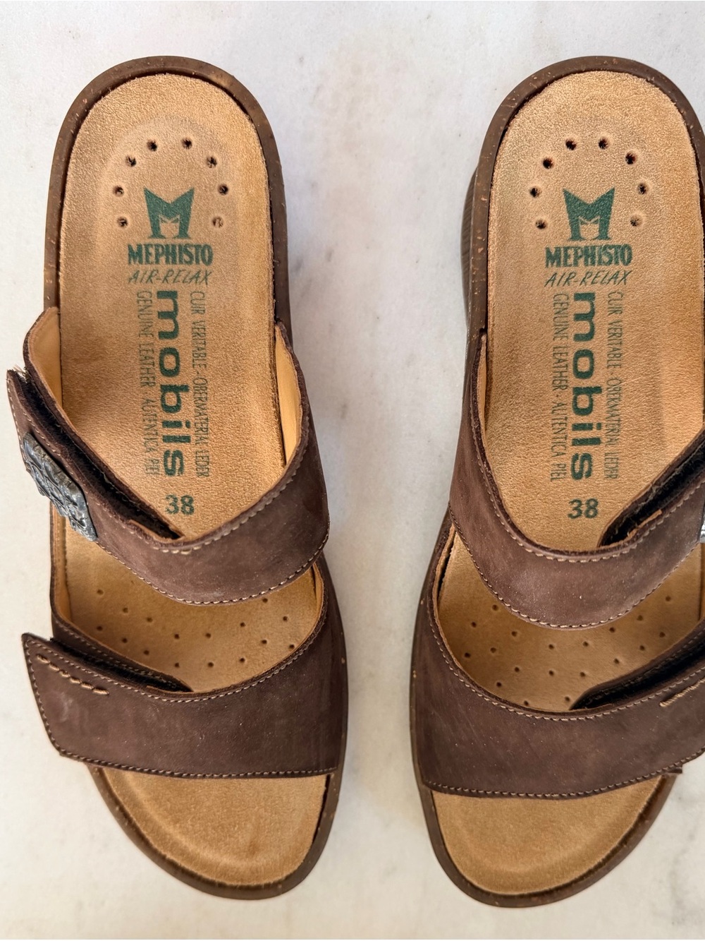 Mephisto Brown Leather Double-Strap Women’s Slide Sandals